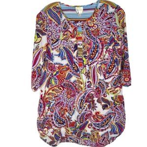 Fig & Flower Textured Paisley Striped Tunic - Red/Blue on White - S